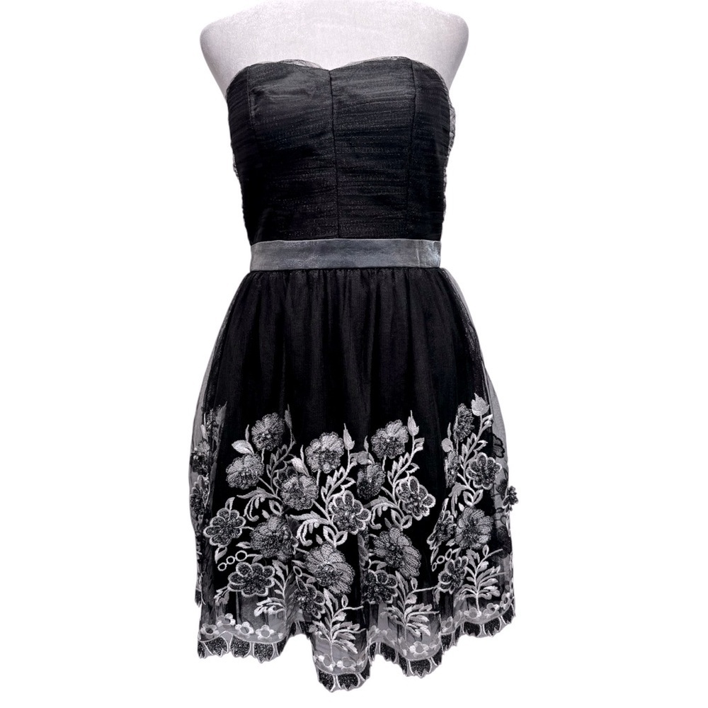 Black Dress Silver Metallic Embroidered 3D Flowers Mesh Formal Party Whimsigoth
